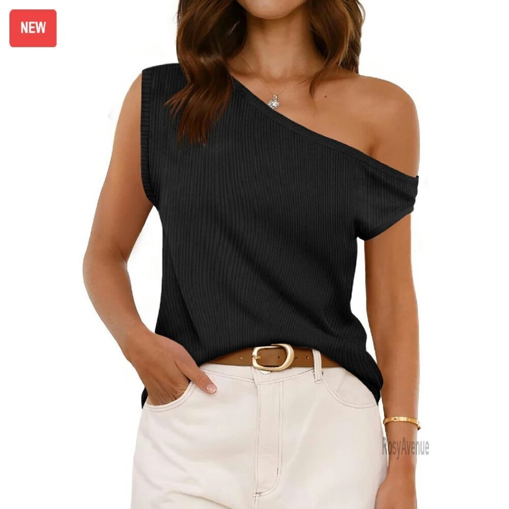 Women's Off Shoulder Ribbed Tank Top Loose Fit Summer Casual Tee